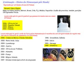 (Continuação – Direitos dos Homossexuais pelo Mundo)
    Repressão por entidades oficiais (11 Países)

     Burundi, Cuba e Egipto
   Nota: na Arábia Saudita, Bahrein, Brunei, Irão, Fiji, Malásia, Paquistão e Sudão são previstas, também, punições
   com agressões físicas.

     Locais onde pela lei geral é possível que pessoas do mesmo sexo se casem
     (4 Países):


   2006 – África do Sul
   2005 – Espanha; Canadá
   2004 – Bélgica
   2001 – Holanda


Locais onde pela lei geral a união de facto entre Homossexuais é reconhecida com obrigatoriedade de registo mas
com uma lei diferente do casamento civil (19 Países):
2006 – Cidade do México; Irlanda; Eslovénia                    1996 – Gronelândia; Islândia
2005 – Reino Unido; Suíça                                      1995- Suécia
2004 – Luxemburgo                                              1993 - Noruega
2003 – Áustria                                                 1989 - Dinamarca

2002 – África do sul; Finlândia
2001 – Alemanha
1999 – França
1998 – Bélgica; Holanda
1997 – Estados Unidos (para efeito de emigração)
 