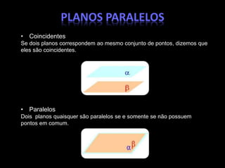 PLANOS PARALELOS 
• Coincidentes 
Se dois planos correspondem ao mesmo conjunto de pontos, dizemos que 
eles são coincidentes. 
• Paralelos 
Dois planos quaisquer são paralelos se e somente se não possuem 
pontos em comum. 
 