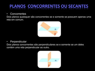 PLANOS CONCORRENTES OU SECANTES 
• Concorrentes 
Dois planos quaisquer são concorrentes se e somente se possuem apenas uma 
reta em comum. 
• Perpendicular 
Dois planos concorrentes são perpendiculares se e somente se um deles 
contém uma reta perpendicular ao outro. 
 