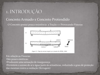 Concreto Armado x Concreto Protendido
O Concreto possui pouca resistência a Tração => Provocando Fissuras
Em relação as Fissuras:
•São pouco estéticas;
•Produzem uma sensação de insegurança
•Permitem o acesso de ar e água junto às armaduras, reduzindo o grau de proteção
das mesmas contra a oxidação (ferrugem)
 