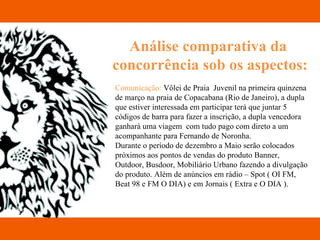 Análise comparativa da  concorrência sob os aspectos: Comunicação:  Vôlei de Praia  Juvenil na primeira quinzena de março na praia de Copacabana (Rio de Janeiro), a dupla que estiver interessada em participar terá que juntar 5 códigos de barra para fazer a inscrição, a dupla vencedora ganhará uma viagem  com tudo pago com direto a um acompanhante para Fernando de Noronha. Durante o período de dezembro a Maio serão colocados próximos aos pontos de vendas do produto Banner, Outdoor, Busdoor, Mobiliário Urbano fazendo a divulgação do produto. Além de anúncios em rádio – Spot ( OI FM, Beat 98 e FM O DIA) e em Jornais ( Extra e O DIA ). 