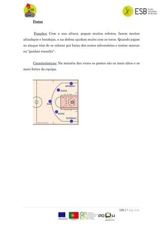 116 | P á g i n a
Postes
Funções: Com a sua altura, pegam muitos rebotes, fazem muitos
afundaços e bandejas, e na defesa ajudam muito com os tocos. Quando jogam
ao ataque têm de se colocar por baixo dos cestos adversários e tentar marcar
ou “ganhar ressalto”.
Características: Na maioria das vezes os postes são os mais altos e os
mais fortes da equipa.
 