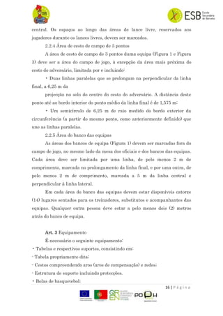 16 | P á g i n a
central. Os espaços ao longo das áreas de lance livre, reservados aos
jogadores durante os lances livres, devem ser marcados.
2.2.4 Área de cesto de campo de 3 pontos
A área de cesto de campo de 3 pontos duma equipa (Figura 1 e Figura
3) deve ser a área do campo de jogo, à excepção da área mais próxima do
cesto do adversário, limitada por e incluindo:
• Duas linhas paralelas que se prolongam na perpendicular da linha
final, a 6,25 m da
projecção no solo do centro do cesto do adversário. A distância deste
ponto até ao bordo interior do ponto médio da linha final é de 1,575 m;
• Um semicírculo de 6,25 m de raio medido do bordo exterior da
circunferência (a partir do mesmo ponto, como anteriormente definido) que
une as linhas paralelas.
2.2.5 Área do banco das equipas
As áreas dos bancos de equipa (Figura 1) devem ser marcadas fora do
campo de jogo, no mesmo lado da mesa dos oficiais e dos bancos das equipas.
Cada área deve ser limitada por uma linha, de pelo menos 2 m de
comprimento, marcada no prolongamento da linha final, e por uma outra, de
pelo menos 2 m de comprimento, marcada a 5 m da linha central e
perpendicular à linha lateral.
Em cada área do banco das equipas devem estar disponíveis catorze
(14) lugares sentados para os treinadores, substitutos e acompanhantes das
equipas. Qualquer outra pessoa deve estar a pelo menos dois (2) metros
atrás do banco de equipa.
Art. 3 Equipamento
É necessário o seguinte equipamento:
• Tabelas e respectivos suportes, consistindo em:
- Tabela propriamente dita;
- Cestos compreendendo aros (aros de compensação) e redes;
- Estrutura de suporte incluindo protecções.
• Bolas de basquetebol;
 