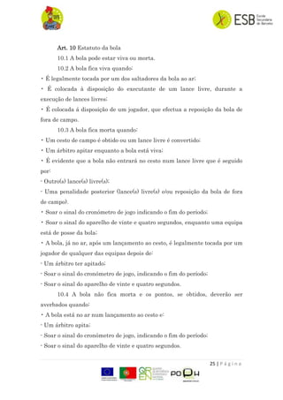 25 | P á g i n a
Art. 10 Estatuto da bola
10.1 A bola pode estar viva ou morta.
10.2 A bola fica viva quando:
• É legalmente tocada por um dos saltadores da bola ao ar;
• É colocada à disposição do executante de um lance livre, durante a
execução de lances livres;
• É colocada á disposição de um jogador, que efectua a reposição da bola de
fora de campo.
10.3 A bola fica morta quando:
• Um cesto de campo é obtido ou um lance livre é convertido;
• Um árbitro apitar enquanto a bola está viva;
• É evidente que a bola não entrará no cesto num lance livre que é seguido
por:
- Outro(s) lance(s) livre(s);
- Uma penalidade posterior (lance(s) livre(s) e/ou reposição da bola de fora
de campo).
• Soar o sinal do cronómetro de jogo indicando o fim do período;
• Soar o sinal do aparelho de vinte e quatro segundos, enquanto uma equipa
está de posse da bola;
• A bola, já no ar, após um lançamento ao cesto, é legalmente tocada por um
jogador de qualquer das equipas depois de:
- Um árbitro ter apitado;
- Soar o sinal do cronómetro de jogo, indicando o fim do período;
- Soar o sinal do aparelho de vinte e quatro segundos.
10.4 A bola não fica morta e os pontos, se obtidos, deverão ser
averbados quando:
• A bola está no ar num lançamento ao cesto e:
- Um árbitro apita;
- Soar o sinal do cronómetro de jogo, indicando o fim do período;
- Soar o sinal do aparelho de vinte e quatro segundos.
 