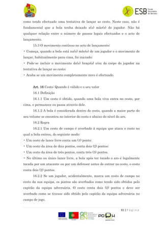 31 | P á g i n a
como tendo efectuado uma tentativa de lançar ao cesto. Neste caso, não é
fundamental que a bola tenha deixado a(s) mão(s) do jogador. Não há
qualquer relação entre o número de passos legais efectuados e o acto de
lançamento.
15.3 O movimento contínuo no acto de lançamento:
• Começa, quando a bola está na(s) mão(s) de um jogador e o movimento de
lançar, habitualmente para cima, foi iniciado;
• Pode-se incluir o movimento do(s) braço(s) e/ou do corpo do jogador na
tentativa de lançar ao cesto;
• Acaba se um movimento completamente novo é efectuado.
Art. 16 Cesto: Quando é válido e o seu valor
16.1 Definição
16.1.1 Um cesto é obtido, quando uma bola viva entra no cesto, por
cima, e permanece ou passa através dele.
16.1.2 A bola é considerada dentro do cesto, quando a maior parte do
seu volume se encontra no interior do cesto e abaixo do nível do aro.
16.2 Regra
16.2.1 Um cesto de campo é averbado à equipa que ataca o cesto no
qual a bola entrou, do seguinte modo:
• Um cesto de lance livre conta um (1) ponto;
• Um cesto da área de dois pontos, conta dois (2) pontos;
• Um cesto da área de três pontos, conta três (3) pontos.
• No último ou único lance livre, a bola após ter tocado o aro é legalmente
tocada por um atacante ou por um defensor antes de entrar no cesto, o cesto
conta dois (2) pontos.
16.2.2 Se um jogador, acidentalmente, marca um cesto de campo no
cesto da sua equipa, os pontos são averbados como tendo sido obtidos pelo
capitão da equipa adversária. O cesto conta dois (2) pontos e deve ser
averbado como se tivesse sido obtido pelo capitão da equipa adversária no
campo de jogo.
 