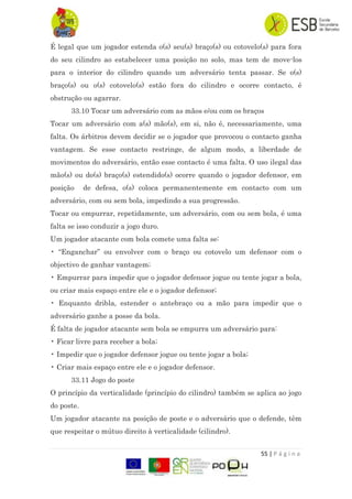 55 | P á g i n a
É legal que um jogador estenda o(s) seu(s) braço(s) ou cotovelo(s) para fora
do seu cilindro ao estabelecer uma posição no solo, mas tem de move-los
para o interior do cilindro quando um adversário tenta passar. Se o(s)
braço(s) ou o(s) cotovelo(s) estão fora do cilindro e ocorre contacto, é
obstrução ou agarrar.
33.10 Tocar um adversário com as mãos e/ou com os braços
Tocar um adversário com a(s) mão(s), em si, não é, necessariamente, uma
falta. Os árbitros devem decidir se o jogador que provocou o contacto ganha
vantagem. Se esse contacto restringe, de algum modo, a liberdade de
movimentos do adversário, então esse contacto é uma falta. O uso ilegal das
mão(s) ou do(s) braço(s) estendido(s) ocorre quando o jogador defensor, em
posição de defesa, o(s) coloca permanentemente em contacto com um
adversário, com ou sem bola, impedindo a sua progressão.
Tocar ou empurrar, repetidamente, um adversário, com ou sem bola, é uma
falta se isso conduzir a jogo duro.
Um jogador atacante com bola comete uma falta se:
• “Enganchar” ou envolver com o braço ou cotovelo um defensor com o
objectivo de ganhar vantagem;
• Empurrar para impedir que o jogador defensor jogue ou tente jogar a bola,
ou criar mais espaço entre ele e o jogador defensor;
• Enquanto dribla, estender o antebraço ou a mão para impedir que o
adversário ganhe a posse da bola.
É falta de jogador atacante sem bola se empurra um adversário para:
• Ficar livre para receber a bola;
• Impedir que o jogador defensor jogue ou tente jogar a bola;
• Criar mais espaço entre ele e o jogador defensor.
33.11 Jogo do poste
O princípio da verticalidade (princípio do cilindro) também se aplica ao jogo
do poste.
Um jogador atacante na posição de poste e o adversário que o defende, têm
que respeitar o mútuo direito à verticalidade (cilindro).
 