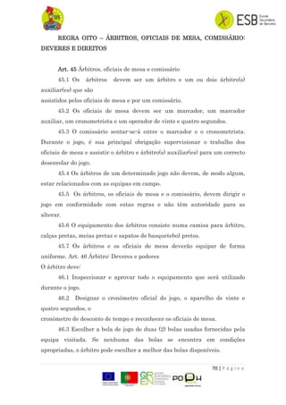 70 | P á g i n a
REGRA OITO – ÁRBITROS, OFICIAIS DE MESA, COMISSÁRIO:
DEVERES E DIREITOS
Art. 45 Árbitros, oficiais de mesa e comissário
45.1 Os árbitros devem ser um árbitro e um ou dois árbitro(s)
auxiliar(es) que são
assistidos pelos oficiais de mesa e por um comissário.
45.2 Os oficiais de mesa devem ser um marcador, um marcador
auxiliar, um cronometrista e um operador de vinte e quatro segundos.
45.3 O comissário sentar-se-á entre o marcador e o cronometrista.
Durante o jogo, é sua principal obrigação supervisionar o trabalho dos
oficiais de mesa e assistir o árbitro e árbitro(s) auxiliar(es) para um correcto
desenrolar do jogo.
45.4 Os árbitros de um determinado jogo não devem, de modo algum,
estar relacionados com as equipas em campo.
45.5 Os árbitros, os oficiais de mesa e o comissário, devem dirigir o
jogo em conformidade com estas regras e não têm autoridade para as
alterar.
45.6 O equipamento dos árbitros consiste numa camisa para árbitro,
calças pretas, meias pretas e sapatos de basquetebol pretos.
45.7 Os árbitros e os oficiais de mesa deverão equipar de forma
uniforme. Art. 46 Árbitro: Deveres e poderes
O árbitro deve:
46.1 Inspeccionar e aprovar todo o equipamento que será utilizado
durante o jogo.
46.2 Designar o cronómetro oficial do jogo, o aparelho de vinte e
quatro segundos, o
cronómetro de desconto de tempo e reconhecer os oficiais de mesa.
46.3 Escolher a bola de jogo de duas (2) bolas usadas fornecidas pela
equipa visitada. Se nenhuma das bolas se encontra em condições
apropriadas, o árbitro pode escolher a melhor das bolas disponíveis.
 