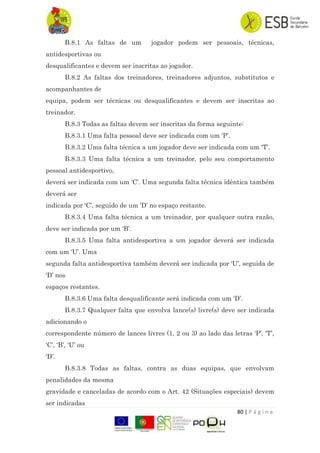 80 | P á g i n a
B.8.1 As faltas de um jogador podem ser pessoais, técnicas,
antidesportivas ou
desqualificantes e devem ser inscritas ao jogador.
B.8.2 As faltas dos treinadores, treinadores adjuntos, substitutos e
acompanhantes de
equipa, podem ser técnicas ou desqualificantes e devem ser inscritas ao
treinador.
B.8.3 Todas as faltas devem ser inscritas da forma seguinte:
B.8.3.1 Uma falta pessoal deve ser indicada com um „P‟.
B.8.3.2 Uma falta técnica a um jogador deve ser indicada com um „T‟.
B.8.3.3 Uma falta técnica a um treinador, pelo seu comportamento
pessoal antidesportivo,
deverá ser indicada com um „C‟. Uma segunda falta técnica idêntica também
deverá ser
indicada por „C‟, seguido de um „D‟ no espaço restante.
B.8.3.4 Uma falta técnica a um treinador, por qualquer outra razão,
deve ser indicada por um „B‟.
B.8.3.5 Uma falta antidesportiva a um jogador deverá ser indicada
com um „U‟. Uma
segunda falta antidesportiva também deverá ser indicada por „U‟, seguida de
„D‟ nos
espaços restantes.
B.8.3.6 Uma falta desqualificante será indicada com um „D‟.
B.8.3.7 Qualquer falta que envolva lance(s) livre(s) deve ser indicada
adicionando o
correspondente número de lances livres (1, 2 ou 3) ao lado das letras „P‟, „T‟,
„C‟, „B‟, „U‟ ou
„D‟.
B.8.3.8 Todas as faltas, contra as duas equipas, que envolvam
penalidades da mesma
gravidade e canceladas de acordo com o Art. 42 (Situações especiais) devem
ser indicadas
 