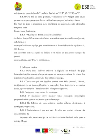 81 | P á g i n a
adicionando um minúsculo „c‟ ao lado das letras „P‟, „T‟, „C‟, „B‟, „U‟ ou „D‟.
B.8.3.9 No fim de cada período, o marcador deve traçar uma linha
grossa entre os espaços que foram utilizados e os que ainda não o foram.
No final do jogo, o marcador deve inutilizar os quadrados não utilizados
traçando uma
linha grossa horizontal.
B.8.3.10 Exemplos de faltas desqualificantes:
As faltas desqualificantes assinaladas aos treinadores, treinadores adjuntos,
substitutos e
acompanhantes de equipa, por abandonarem a área do banco de equipa (Art.
39) devem
ser inscritas como a seguir se indica e em todos os restantes espaços da
pessoa
desqualificada um „F‟ deve ser inscrito.
9 Faltas de equipa
B.9.1 Para cada período existem 4 espaços no boletim de jogo
(situados imediatamente abaixo do nome da equipa e acima do nome dos
jogadores) destinados à inscrição das faltas de equipa.
B.9.2 Cada vez que um jogador comete uma falta pessoal, técnica,
antidesportiva ou desqualificante, o marcador deve inscreve-la à equipa
desse jogador com um „‟ maiúsculo nos espaços designados.
B.10 Contagem progressiva do resultado
B.10.1 O marcador deve manter uma contagem cronológica
progressiva dos pontos marcados por cada equipa.
B.10.2 No boletim de jogo, existem quatro colunas destinadas à
contagem progressiva.
B.10.3 Cada coluna é, por sua vez, dividida em quatro colunas. As
duas colunas da
esquerda são para a equipa „A‟ e as duas colunas da direita são para a
equipa „B‟. As
 