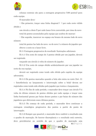 82 | P á g i n a
colunas centrais são para a contagem progressiva (160 pontos) para
cada equipa.
O marcador deve:
• Em primeiro, traçar uma linha diagonal ( ) por cada cesto válido
obtido e
um círculo a cheio () por cada lance livre convertido, por cima do novo
total de pontos acumulados pela equipa que acabou de marcar;
• Em seguida, inscrever no espaço em branco do mesmo lado do novo
número
total de pontos (ao lado da nova ou do novo ) o número do jogador que
obteve o cesto ou o lance livre.
B.11 Contagem progressiva do resultado: Instruções adicionais
B.11.1 Um cesto de campo de 3 pontos obtido por um jogador, deverá
ser registado
traçando um círculo à volta do número do jogador.
B.11.2 Um cesto de campo obtido acidentalmente por um jogador no
cesto da sua equipa,
deverá ser registado como tendo sido obtido pelo capitão da equipa
adversária.
B.11.3 Os pontos marcados quando a bola não entra no cesto (Art. 31
– Interferência no lançamento e intervenção sobre a bola) devem ser
registados como tendo sido obtidos pelo jogador que tentou o lançamento.
B.11.4 No fim de cada período, o marcador deve traçar um círculo () à
volta do último número de pontos obtidos por cada equipa e traçar uma
linha horizontal grossa por baixo desses pontos e por baixo do número dos
jogadores que obtiveram esses últimos pontos.
B.11.5 No começo de cada período, o marcador deve continuar a
contagem cronológica progressiva dos pontos a partir do ponto de
interrupção.
B.11.6 Sempre que possível, o marcador deve conferir o resultado com
o quadro de marcação. Se houver discrepância e o resultado está correcto,
deve providenciar no sentido de que o quadro de marcação seja
 
