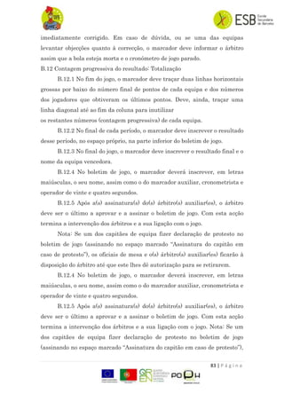83 | P á g i n a
imediatamente corrigido. Em caso de dúvida, ou se uma das equipas
levantar objecções quanto à correcção, o marcador deve informar o árbitro
assim que a bola esteja morta e o cronómetro de jogo parado.
B.12 Contagem progressiva do resultado: Totalização
B.12.1 No fim do jogo, o marcador deve traçar duas linhas horizontais
grossas por baixo do número final de pontos de cada equipa e dos números
dos jogadores que obtiveram os últimos pontos. Deve, ainda, traçar uma
linha diagonal até ao fim da coluna para inutilizar
os restantes números (contagem progressiva) de cada equipa.
B.12.2 No final de cada período, o marcador deve inscrever o resultado
desse período, no espaço próprio, na parte inferior do boletim de jogo.
B.12.3 No final do jogo, o marcador deve inscrever o resultado final e o
nome da equipa vencedora.
B.12.4 No boletim de jogo, o marcador deverá inscrever, em letras
maiúsculas, o seu nome, assim como o do marcador auxiliar, cronometrista e
operador de vinte e quatro segundos.
B.12.5 Após a(s) assinatura(s) do(s) árbitro(s) auxiliar(es), o árbitro
deve ser o último a aprovar e a assinar o boletim de jogo. Com esta acção
termina a intervenção dos árbitros e a sua ligação com o jogo.
Nota: Se um dos capitães de equipa fizer declaração de protesto no
boletim de jogo (assinando no espaço marcado “Assinatura do capitão em
caso de protesto”), os oficiais de mesa e o(s) árbitro(s) auxiliar(es) ficarão à
disposição do árbitro até que este lhes dê autorização para se retirarem.
B.12.4 No boletim de jogo, o marcador deverá inscrever, em letras
maiúsculas, o seu nome, assim como o do marcador auxiliar, cronometrista e
operador de vinte e quatro segundos.
B.12.5 Após a(s) assinatura(s) do(s) árbitro(s) auxiliar(es), o árbitro
deve ser o último a aprovar e a assinar o boletim de jogo. Com esta acção
termina a intervenção dos árbitros e a sua ligação com o jogo. Nota: Se um
dos capitães de equipa fizer declaração de protesto no boletim de jogo
(assinando no espaço marcado “Assinatura do capitão em caso de protesto”),
 