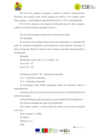 86 | P á g i n a
D.1.6 Se em qualquer momento, usando os critérios anteriormente
descritos, um empate entre várias equipas se reduzir a um empate entre
duas equipas, o procedimento mencionado em D.1.1 e D.1.2 será aplicado.
D.1.7 Se se chegar a um empate envolvendo mais de duas equipas,
repetir-se-á o procedimento iniciado em D.1.3.
D.1.8 O goal average calcular-se-á sempre por divisão.
D.2 Excepção
Se somente três equipas tomam parte na competição e a situação não
pode ser resolvida utilizando os procedimentos anteriormente descritos (o
goal average por divisão é igual), então os pontos marcados determinarão a
classificação.
Exemplo:
Resultados entre A, B e C: A vs B 82 – 75
A vs C 64 – 71
B vs C 91 – 84
Classificação final: 1º B – 166 pontos marcados
2º C – 155 pontos marcados
3º A – 146 pontos marcados
Se as equipas estão ainda empatadas depois de utilizados todos os
procedimentos
anteriores, far-se-á um sorteio para determinar a classificação final. O
método de sorteio
será determinado pelo comissário ou pela entidade local competente.
D.3 Outros exemplos da regra de classificação:
D.3.1 Duas equipas – número igual de pontos e um só jogo realizado
entre elas:
Goal average A: 1,0066
B: 0,9934
Portanto 1º A
2º B
 