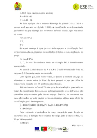 87 | P á g i n a
D.3.2.3 Cada equipa ganhou um jogo:
A vs B 90 –82
B vs A 70 - 62
As duas equipas têm a mesma diferença de pontos (152 – 152) e o
mesmo goal average por divisão (1,000). A classificação será determinada
pelo cálculo do goal average dos resultados de todos os seus jogos realizados
no grupo.
Portanto 1º A
2º B
3º C
Se o goal average é igual para as três equipas, a classificação final
será determinada considerando os resultados de todos os jogos realizados no
grupo.
No caso I: 1º A
B, C, D será determinada como no exemplo D.3.3 anteriormente
apresentado.
No caso II: A classificação de A e B, C e D será determinada como no
exemplo D.3.2 anteriormente apresentado.
Uma equipa que, sem razão válida, se recuse a efectuar um jogo ou
abandone o campo antes do final do jogo, perderá o jogo por falta de
comparência e recebe zero (0) pontos na classificação.
Adicionalmente, o Comité Técnico pode decidir relegá-la para o último
lugar da classificação. Isto acontece automaticamente se as infracções são
cometidas repetidamente pela mesma equipa. Todavia, os resultados dos
jogos efectuados por esta equipa serão considerados válidos para efeito da
classificação geral da competição.
E – DESCONTOS DE TEMPO PARA A TELEVISÃO
E.1 Definição
Cada entidade organizadora de uma competição pode decidir se
existirão e qual a duração dos descontos de tempo para a televisão (60, 75,
90 ou 100 segundos).
E.2 Regra
 