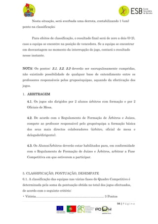 94 | P á g i n a
Nesta situação, será averbada uma derrota, contabilizando 1 (um)
ponto na classificação;
Para efeitos de classificação, o resultado final será de zero a dois (0-2),
caso a equipa se encontre na posição de vencedora. Se a equipa se encontrar
em desvantagem no momento da interrupção do jogo, contará o resultado
nesse instante.
NOTA: Os pontos: 3.1. 3.2. 3.3 deverão ser escrupulosamente cumpridas,
não existindo possibilidade de qualquer base de entendimento entre os
professores responsáveis pelos grupos/equipas, aquando da efectivação dos
jogos.
1. ARBITRAGEM
4.1. Os jogos são dirigidos por 2 alunos árbitros com formação e por 2
Oficiais de Mesa.
4.2. De acordo com o Regulamento de Formação de Árbitros e Juízes,
compete ao professor responsável pelo grupo/equipa a formação básica
dos seus mais directos colaboradores (árbitro, oficial de mesa e
delegado/dirigente).
4.3. Os Alunos/Árbitros deverão estar habilitados para, em conformidade
com o Regulamento de Formação de Juízes e Árbitros, arbitrar a Fase
Competitiva em que estiverem a participar.
5. CLASSIFICAÇÃO, PONTUAÇÃO, DESEMPATE
6.1. A classificação das equipas nas várias fases do Quadro Competitivo é
determinada pela soma da pontuação obtida no total dos jogos efectuados,
de acordo com o seguinte critério:
• Vitória............................................................................. 3 Pontos
 