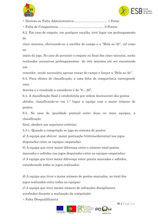 95 | P á g i n a
• Derrota ou Falta Administrativa...................................... 1 Ponto
• Falta de Comparência.................................................... 0 Pontos
6.2. Em caso de empate, em qualquer escalão, terá lugar um prolongamento
de
cinco minutos, efectuando-se a escolha do campo e a “Bola ao Ar”, tal como
no
início do jogo. No caso de persistir o empate no final dos cinco minutos, serão
realizados sucessivos prolongamentos de três minutos até ser encontrado
um
vencedor, sendo necessário apenas trocar de campo e lançar a “Bola ao Ar”.
6.3. Para efeitos de classificação, a uma falta de comparência corresponde
uma
derrota e o resultado a considerar é de “0 – 20”.
6.4. A classificação final é estabelecida por ordem decrescente dos pontos
obtidos, classificando-se em 1.º lugar a equipa com o maior número de
pontos.
6.5. No caso de igualdade pontual entre duas ou mais equipas, a
classificação
final, obedece aos seguintes critérios:
5.5.1. Quando a competição se joga no sistema de poules:
a) A equipa que obtiver maior pontuação (vitórias/derrotas) nos jogos
disputados entre as equipas empatadas;
b) A equipa que tiver maior diferença entre o número total pontos
marcados e sofridos nos jogos disputados entre as equipas empatadas;
c) A equipa que tiver maior diferença entre pontos marcados e sofridos,
considerando todos os jogos realizados;
d) A equipa que tiver o maior número de pontos marcados, no total dos
jogos realizados entre todas as equipas;
e) A equipa que tiver menor número de infracções disciplinares
averbadas durante a realização da competição;
• Falta Desqualificativa
 