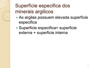 Superfície especifica dos
minerais argilicos
 As argilas possuem elevada superfície
especifica
 Superficie especifica= superficie
externa + superficie interna
12
 