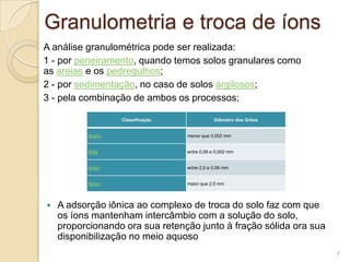 Granulometria e troca de íons
A análise granulométrica pode ser realizada:
1 - por peneiramento, quando temos solos granulares como
as areias e os pedregulhos;
2 - por sedimentação, no caso de solos argilosos;
3 - pela combinação de ambos os processos;
 A adsorção iônica ao complexo de troca do solo faz com que
os íons mantenham intercâmbio com a solução do solo,
proporcionando ora sua retenção junto à fração sólida ora sua
disponibilização no meio aquoso
Classificação Diâmetro dos Grãos
Argila menor que 0,002 mm
Silte entre 0,06 e 0,002 mm
Areia entre 2,0 e 0,06 mm
Seixo maior que 2,0 mm
7
 