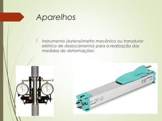 Aparelhos
 Instrumento (extensômetro mecânico ou transdutor
elétrico de deslocamento) para a realização das
medidas de deformações:
 