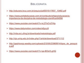 BIBLIOGRAFIA
 http://educere.bruc.com.br/arquivo/pdf2015/17807_10482.pdf
 https://www.portaleducacao.com.br/conteudo/artigos/educacao/a-
importancia-da-disciplina-de-metodologia-cientifica/64956
 https://www.youtube.com/watch?v=xLZYsCn2Y4g
 https://www.dailymotion.com/video/x6jycy9
 http://mba.eci.ufmg.br/downloads/metodologia.pdf
 http://ojs.unirg.edu.br/index.php/1/article/download/371/112
 http://gephisnop.weebly.com/uploads/2/3/9/6/23969914/tipos_de_pesquis
a.pdf
 https://www.youtube.com/watch?v=qe-BOeVLgHQ
 