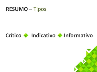 RESUMO – Tipos 
Crítico Indicativo Informativo 
 