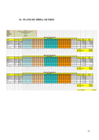 14 - PLANO DE MÍDIA: OUTROS



Cliente:                                            Natura
Target:                         Mulheres, de 25 a 59 anos, das classes B e C
Produto:                                Coloração Natura Seiva Color
Campanha:                                        lançamento
Secundagem:
Título:                                            Cor Natura
Praça:                                              Nacional
                                                                                                                                                                Mapa de Programação
                                                                                                                                                                                Mês Outubro
Veículo             Colocação      Formato         1       2       3       4       5       6       7       8       9       10       11       12       13       14       15     16   17   18   19   20   21   22   23   24   25   26   27   28   29   30   31 Total                                  Custo       Total
                                             D         S       T       Q       Q       S       S       D       S       T        Q        Q        S        S        D        S    T    Q    Q    S    S    D    S    T    Q    Q    S    S    D    S    T   Inserção                               Unitário     Bruto
Mobiliário Urbano   250 faces     1,20x1,80m x         x       x       x       x       x       x       x       x       x        x        x        x        x                                                                                                       2                               212.000,00    424.000,00
Relógio             76 faces      1,84x1,16m x         x       x       x       x       x       x       x       x       x        x        x        x        x        x        x    x    x    x    x    x    x    x    x    x    x    x    x    x    x    x          1                               375.000,00    375.000,00
Banca de jornal     -             3,8x1,9m   x         x       x       x       x       x       x       x       x       x        x        x        x        x        x        x    x    x    x    x    x    x    x    x    x    x    x    x    x    x    x          1                                 9.300,00       9.300,00
Outdoor             20 peças      3x9m       x         x       x       x       x       x       x       x       x       x        x        x        x        x        x        x    x    x    x    x    x    x    x    x    x    x    x    x    x    x    x          1                                 3.680,00       3.680,00
                                  s. baner
Terra               home
                                  expansível                                                   x       x                                                   x        x                                          x       x                                       x                               7    31.000,00    217.000,00
                                  s. baner
                    home
EGO - Globo                       expansível                                                                                                                                                                                                                                                        45.000,00            -
                                                   0       0       0       0       0       0       0       0       0       0        0        0         0       0        0         0    0       0       0   0       0       0       0   0   0       0       0       0   0   0       0          12
                                                                           0                                                        0                                                          0                                           0                               0           Custo Total              1.028.980,00
                                                                                                                                                                                                                                                                                       Desc. Agência (20%)        205.796,00
                                                                                                                                                                                                                                                                                       Desc.Líquido               823.184,00




                                                                                                                                                                Mapa de Programação
                                                                                                                                                                               Mês Novembro
Veículo             Colocação      Formato         1       2       3       4       5       6       7       8       9       10       11       12       13       14       15     16   17   18   19   20   21   22   23   24   25   26   27   28   29   30   31 Total                                  Custo       Total
                                               D       S       T       Q       Q       S       S       D       S       T        Q        Q        S        S        D        S    T    Q    Q    S    S    D    S    T    Q    Q    S    S    D    S    T   Inserção                               Unitário     Bruto
Mobiliário Urbano   250 faces     1,20x1,80m                                                                                                                                                               x    x    x    x    x    x    x                         1                               212.000,00    212.000,00
Relógio             76 faces      1,84x1,16m   x       x       x       x       x       x       x       x       x       x        x        x        x        x        x        x    x    x    x    x    x    x    x    x    x    x    x    x    x    x    x          1                               375.000,00    375.000,00
Banca de jornal     -             3,8x1,9m     x       x       x       x       x       x       x       x       x       x        x        x        x        x        x        x    x    x    x    x    x    x    x    x    x    x    x    x    x    x    x          1                                 9.300,00       9.300,00
Outdoor             20 peças      3x9m         x       x       x       x       x       x       x       x       x       x        x        x        x        x        x        x    x    x    x    x    x    x    x    x    x    x    x    x    x    x    x          1                                 3.680,00       3.680,00
                                  s. baner
Terra               home
                                  expansível                                                                                                                                                                                                                                                   0    31.000,00            -
                                  s. baner
                    home
EGO - Globo                       expansível   x                                               x       x                                                   x        x                                          x       x                                                                     7     45.000,00     315.000,00
                                                   0       0       0       0       0       0       0       0       0       0        0        0         0       0        0         0    0       0       0   0       0       0       0   0   0       0       0       0   0   0       0        11
                                                                           0                                                        0                                                          0                                           0                               0         Custo Total                 914.980,00
                                                                                                                                                                                                                                                                                     Desc. Agência (20%)         182.996,00
                                                                                                                                                                                                                                                                                     Desc.Líquido                731.984,00



                                                                                                                                                                Mapa de Programação
                                                                                                                                                                                 Mês Dezembro
Veículo             Colocação      Formato         1       2       3       4       5       6       7       8       9       10       11       12       13       14       15       16   17   18   19   20   21   22   23   24   25   26   27   28   29   30   31 Total                                Custo       Total
                                               D       S       T       Q       Q       S       S       D       S       T        Q        Q        S        S        D        S      T    Q    Q    S    S    D    S    T    Q    Q    S    S    D    S    T   Inserção                             Unitário     Bruto
Mobiliário Urbano   250 faces     1,20x1,80m                                                                                                                                                                                                                                                       212.000,00            -
Relógio             76 faces      1,84x1,16m                                                                                                                                                                                                                                                       375.000,00            -
Banca de jornal     -             3,8x1,9m                                                                                                                                                                                                                                                           9.300,00            -
Outdoor             20 peças      3x9m                                                                                                                                                                                                                                                               3.680,00            -
                                  s. baner
Terra               home
                                  expansível                   x                               x                                x                                   x                              x                           x                       x                       x               8    31.000,00    248.000,00
                                  s. baner
                    home
EGO - Globo                       expansível           x                               x                               x                                   x                               x                           x                       x                                             7     45.000,00     315.000,00
                                                   0       0       0       0       0       0       0       0       0       0        0        0         0       0        0         0    0       0       0   0       0       0       0   0   0       0       0       0   0   0       0        15
                                                                           0                                                        0                                                          0                                           0                               0         Custo Total                 563.000,00
                                                                                                                                                                                                                                                                                     Desc. Agência (20%)         112.600,00
                                                                                                                                                                                                                                                                                     Desc.Líquido                450.400,00




                                                                                                                                                                                                                                                                                        TOTAL TRIMESTRAL                     2.005.568,00




                                                                                                                                                                                                                                                                                                                18
 
