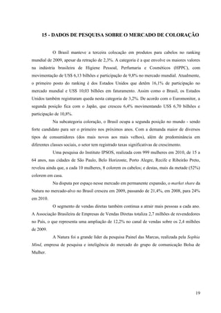 15 - DADOS DE PESQUISA SOBRE O MERCADO DE COLORAÇÃO


            O Brasil manteve a terceira colocação em produtos para cabelos no ranking
mundial de 2009, apesar da retração de 2,3%. A categoria é a que envolve os maiores valores
na indústria brasileira de Higiene Pessoal, Perfumaria e Cosméticos (HPPC), com
movimentação de US$ 6,13 bilhões e participação de 9,8% no mercado mundial. Atualmente,
o primeiro posto do ranking é dos Estados Unidos que detêm 16,1% de participação no
mercado mundial e US$ 10,03 bilhões em faturamento. Assim como o Brasil, os Estados
Unidos também registraram queda nesta categoria de 3,2%. De acordo com o Euromonitor, a
segunda posição fica com o Japão, que cresceu 6,4% movimentando US$ 6,70 bilhões e
participação de 10,8%.
            Na subcategoria coloração, o Brasil ocupa a segunda posição no mundo - sendo
forte candidato para ser o primeiro nos próximos anos. Com a demanda maior de diversos
tipos de consumidores (dos mais novos aos mais velhos), além de predominância em
diferentes classes sociais, o setor tem registrado taxas significativas de crescimento.
            Uma pesquisa do Instituto IPSOS, realizada com 999 mulheres em 2010, de 15 a
64 anos, nas cidades de São Paulo, Belo Horizonte, Porto Alegre, Recife e Ribeirão Preto,
revelou ainda que, a cada 10 mulheres, 8 colorem os cabelos; e destas, mais da metade (52%)
colorem em casa.
            Na disputa por espaço nesse mercado em permanente expansão, o market share da
Natura no mercado-alvo no Brasil cresceu em 2009, passando de 21,4%, em 2008, para 24%
em 2010.
            O segmento de vendas diretas também continua a atrair mais pessoas a cada ano.
A Associação Brasileira de Empresas de Vendas Diretas totaliza 2,7 milhões de revendedores
no País, o que representa uma ampliação de 12,2% no canal de vendas sobre os 2,4 milhões
de 2009.
            A Natura foi a grande líder da pesquisa Painel das Marcas, realizada pela Sophia
Mind, empresa de pesquisa e inteligência do mercado do grupo de comunicação Bolsa de
Mulher.




                                                                                          19
 