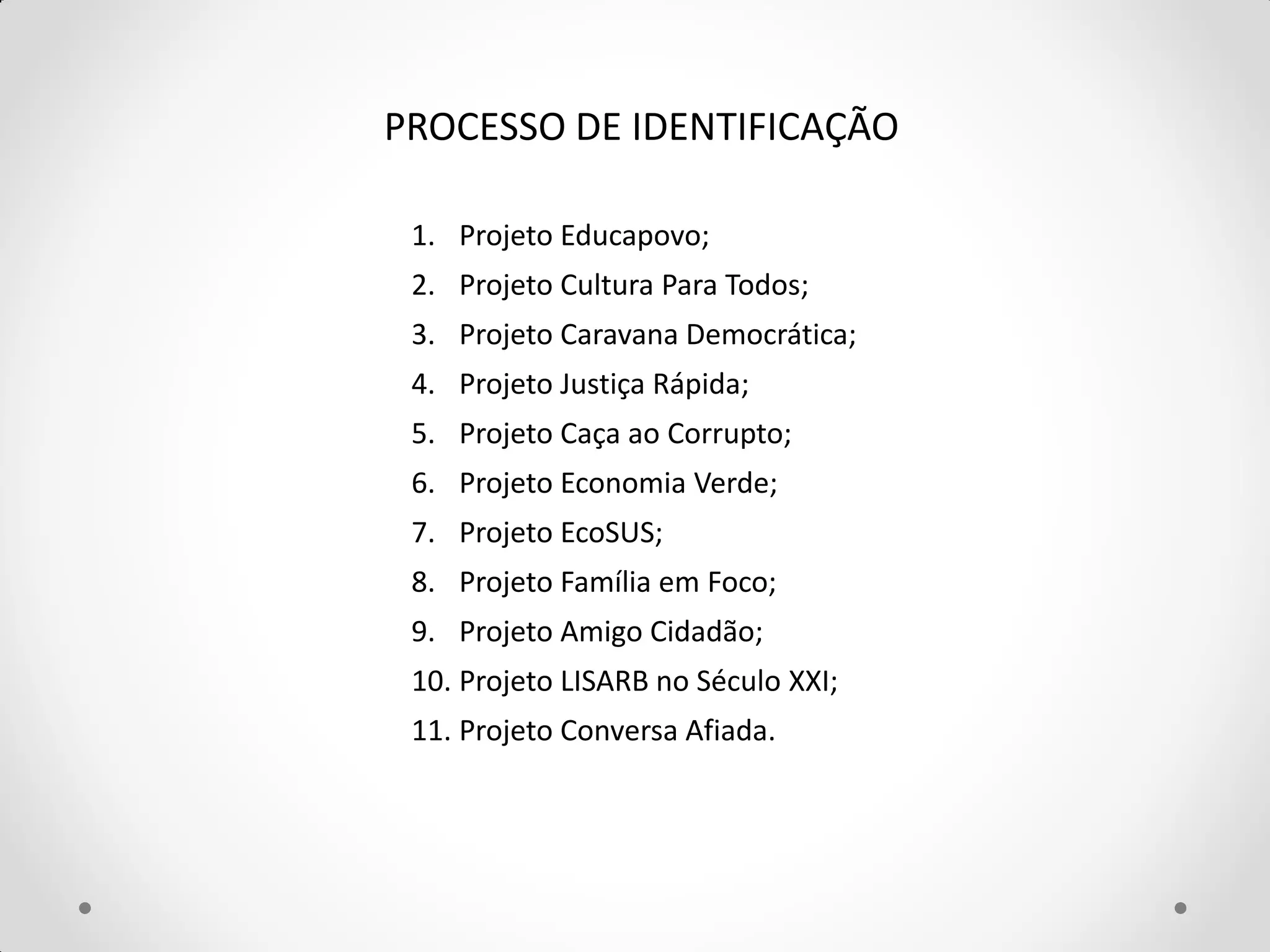 PROCESSO DE IDENTIFICAÇÃO

 1. Projeto Educapovo;
 2. Projeto Cultura Para Todos;
 3. Projeto Caravana Democrática;
 4. Projeto Justiça Rápida;
 5. Projeto Caça ao Corrupto;
 6. Projeto Economia Verde;
 7. Projeto EcoSUS;
 8. Projeto Família em Foco;
 9. Projeto Amigo Cidadão;
 10. Projeto LISARB no Século XXI;
 11. Projeto Conversa Afiada.
 