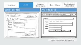 Surgimento 
Modelos 
Evolucionários 
Vantagens e 
Desvantagens 
Onde é Utilizado 
Comparação com 
outros modelos 
Augusto Zvoboter, Eduardo Kuhn, Juliano Pires 
Modelo 
Baixa Fidelidade Alta Fidelidade 
 
