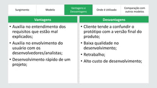 Surgimento 
Modelos 
Evolucionários 
Vantagens e 
Desvantagens 
Onde é Utilizado 
Comparação com 
outros modelos 
Vantagens 
• Auxilia no entendimento dos 
requisitos que estão mal 
explicados; 
• Auxilia no envolvimento do 
usuário com os 
desenvolvedores/analistas; 
• Desenvolvimento rápido de um 
projeto; 
Desvantagens 
• Cliente tende a confundir o 
protótipo com a versão final do 
produto; 
• Baixa qualidade no 
desenvolvimento; 
• Retrabalho; 
• Alto custo de desenvolvimento; 
Modelo 
 