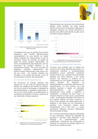 9 | 14
Fig.8 – Fontes de emissão de N2O geradas pela Família
Não-Renovável
Constata-se pois que os padrões de consumo
adoptados pela Família Não-Renovável
(representativa de uma família de classe
média residente em Lisboa) levam a que as
principais fontes de emissão de gases de
efeito de estufa estejam relacionadas, de
forma completamente preponderante, com os
consumos de energia eléctrica e de
combustíveis fósseis. Tal vai ao encontro da
tendência existente relativamente aos
edifícios serem responsáveis, pelo menos, por
40 por cento da energia utilizada em
Portugal, e na maioria dos países, a par do
que acontece no sector dos transportes.
5.3. Consumo de Energia Eléctrica
Os consumos de energia eléctrica são
devidos em 75 por cento ao aquecimento do
edifício de residência da Família em análise,
em 24 por cento à iluminação e utilização de
electrodomésticos e aparelhos electrónicos e
em um por cento devido ao arrefecimento, à
confecção de refeições e banhos, podendo tal
ser observado na figura seguinte:
Fig.9 – Distribuição do consumo de energia eléctrica
(kWh/ano) da Família Não-Renovável
5.4. Consumo de Combustíveis Fósseis
Relativamente aos consumos de combustíveis
fósseis, estes resultam em larga escala
(99,9%) do consumo de gasolina subjacente à
utilização intensiva do veículo automóvel e
apenas uma ínfima parte devido ao gás, como
se ilustra na figura seguinte:
Fig.10 – Distribuição dos consumo de combustíveis
fósseis (kWh/ano) da Família Não-Renovável
5.5. Impacto da Alteração de Consumos
Torna-se pois evidente que os hábitos de
consumo da Família Não-Renovável têm a si
subjacentes escolhas e comportamentos
energéticos pouco eficientes, sobretudo
devido ao facto de: o sistema de aquecimento
utilizado ser 100% eléctrico e ser usado
durante 120 dias/ano; o sistema de ar
condicionado ter uma potência elevada e ser
usado durante 30 dias/ano; os
electrodomésticos e aparelhos electrónicos se
caracterizarem, na sua maioria, por uma
potência elevada e média, em particular
electrodomésticos tão energético-
dependentes como sejam o frigorifico, o
congelador, a máquina de lavar loiça e a
máquina de lavar e secar roupa, cuja potência
é alta; as lâmpadas utilizadas não serem na
sua grande maioria de baixo consumo; o
único modo utilizado nas deslocações para o
trabalho e nas férias ser um automóvel a
gasolina, com consumos médios ainda
consideráveis (7,5 L/100 Km), e; serem
igualmente utilizados veículos motorizados
nas actividades de lazer.
Se a Família introduzisse algumas alterações
no seu quotidiano, através da utilização de
produtos e serviços mais eficientes e da
adopção de comportamentos mais
sustentáveis, certamente que influenciaria a
redução de consumo de energia algures ao
longo da sua cadeia de valor.
 