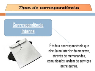 Correspondência
Interna
É toda a correspondência que
circula no interior da empresa,
através de memorandos,
comunicados, ordem de serviços
entre outros.
 