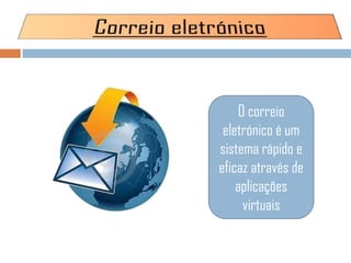 O correio
eletrónico é um
sistema rápido e
eficaz através de
aplicações
virtuais
 