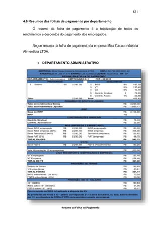 121
4.6 Resumos das folhas de pagamento por departamento.
O resumo da folha de pagamento é a totalização de todos os
rendimentos e descontos do pagamento dos empregados.
Segue resumo da folha de pagamento da empresa Miss Cacau Indústria
Alimentícia LTDA.
 DEPARTAMENTO ADMINISTRATIVO
Resumo da Folha de Pagamento
 