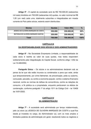 11
Artigo 5º - O capital da sociedade será de R$ 700.000,00 (setecentos
mil reais) divididos em 700.000 (setecentas mil) quotas, no valor nominal de R$
1,00 (um real) cada uma, totalmente subscritas e integralizadas em moeda
corrente do País pelos sócios, estando assim distribuídas:
Sócios Quotas Valor (R$) %
JESSICA DE OLIVEIRA MARQUES DA COSTA 350.000 350.000,00 50%
MATHEUS DE OLIVEIRA MARQUES DANTAS 350.000 350.000,00 50%
Total 700.000 700.000,00 100%
CAPÍTULO III
DA RESPONSABILIDADE DOS SÓCIOS E DOS ADMINISTRADORES
Artigo 6º - Na Sociedade Empresaria Limitada, a responsabilidade de
cada sócio é restrita ao valor de suas quotas, mas todos respondem
solidariamente pela integralização do Capital Social, conforme artigo 1.052 da
Lei 10.406/2002;
Parágrafo Único – Os sócios e os administradores declaram sob as
penas da lei que não estão incursos ou condenados a pena que vede, ainda
que temporariamente, por crime falimentar, de prevaricação, peita ou suborno,
concussão, peculato, ou contra a economia popular, contra o sistema financeiro
nacional, contra as normas de defesa da concorrência, contra as relações de
consumo, a fé pública ou a propriedade, enquanto perdurarem os efeitos da
condenação, conforme parágrafo 1º do artigo 1011 do Código Civil – lei 10406
de 10/01/2002.
CAPÍTULO IV
DA ADMINISTRAÇÃO
Artigo 7º - A sociedade será administrada por tempo indeterminado,
pelo (a) sócio (a) JESSICA DE OLIVEIRA MARQUES DA COSTA a qual fica
desde já investida no cargo, de Administrador (a), com os mais amplos e
ilimitados poderes de administração em geral, resolvendo todos os negócios e
 