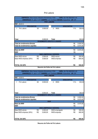 135
Pró Labore
Resumo da Folha de Pró Labore
Resumo da Folha de Pró Labore
 