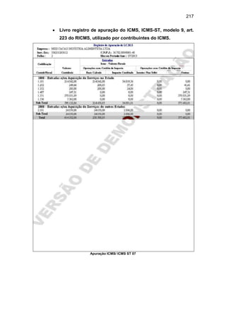 217
 Livro registro de apuração do ICMS, ICMS-ST, modelo 9, art.
223 do RICMS, utilizado por contribuintes do ICMS.
Apuração ICMS/ ICMS ST 07
 