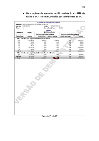 229
 Livro registro de apuração do IPI, modelo 8, art. 2222 do
RICMS e art. 444 do RIPI, utilizado por contribuintes do IPI.
Apuração IPI mês 07
 