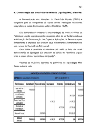424
9.3 Demonstração das Mutações do Patrimônio Líquido (DMPL) trimestral.
A Demonstração das Mutações do Patrimônio Líquido (DMPL) é
obrigatória para as companhias de capital aberto, instituições financeiras,
seguradoras e outras. Comissão de Valores Mobiliários (CVM).
Esta demonstração evidencia a movimentação de todas as contas do
Patrimônio Líquido ocorrida durante o exercício, alem de ser fundamental para
a elaboração da Demonstração das Origens e Aplicações de Recursos e para
fornecimento a empresas que avaliam seus investimentos permanentemente
pelo método da Equivalência Patrimonial.
Cada conta é analisada sucintamente por meio da ficha de razão,
demonstrando as operações que afetaram as contas do Patrimônio Líquido
entre si e seus efeitos, “aumento ou diminuição”.
Vejamos as mutações ocorridas no patrimônio da organização Miss
Cacau Indústria Ltda.
 