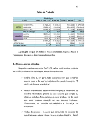 52
Rateio da Produção
A produção foi igual em todos os meses analisados, logo não houve a
necessidade de expor os dos meses subsequentes.
3.4 Matérias primas utilizadas.
Segundo a decisão normativa CAT 2/82, define matéria-prima, material
secundário e material de embalagem, respectivamente como;
 Matéria-prima é, em geral, toda substancia com que se fabrica
alguma coisa e da qual obrigatoriamente é parte integrante. “O
minério de ferro na siderúrgica”.
 Produto Intermediário: assim denominado porque proveniente de
indústria intermediária própria ou não é aquele que compõe ou
integra a estrutura físico-química do novo produto, via de regra
sem sofrer qualquer alteração em sua estrutura intrínseca.
“Pneumáticos, na indústria automobilística e dobradiça, na
marcenaria”.
 Produto Secundário - é aquele que, consumido no processo de
industrialização, não se integra no novo produto. Calcário - Caco3
 