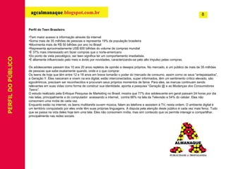 PERFIL DO PÚBLICO Perfil do Teen Brasileiro   Tem maior acesso à informação através da internet Soma mais de 35 milhões de pessoas e representa 19% da população brasileira Movimenta mais de R$ 50 bilhões por ano no Brasil Representa aproximadamente US$ 600 bilhões do volume de compras mundial É 37% mais interessado em fazer compras que o norte-americano Do ponto de vista psicológico, ser teen significa ter um comportamento imediatista. É altamente influenciado pelo meio e ávido por novidades, caracterizando-se pelo alto impulso pelas compras.   Os adolescentes passam dos 10 aos 20 anos repletos de opinião e desejos próprios. No mercado, é um público de mais de 35 milhões de pessoas que sabe exatamente quando, onde e o que comprar. Os teens de hoje que têm entre 12 e 18 anos em breve tomarão o poder do mercado de consumo, assim como os seus “antepassados”, a Geração Y. Eles nasceram e vivem na era digital, estão interconectados, super informados, têm um sentimento crítico elevado, são egocêntricos, precisam ser reconhecidos e procuram seus próprios momentos de fama. Para eles, as marcas continuam sendo relevantes em suas vidas como forma de construir sua identidade, aponta a pesquisa “ Geração @ e as Mudanças dos Consumidores Teens”. O estudo realizado pela Enfoque Pesquisa de Marketing no Brasil, mostra que 77% dos adolescente em geral passam 24 horas por dia nas telas, principalmente a do computador  acessando a internet,  contra 66% na tela da Televisão e 54% do celular. Eles não consomem uma mídia de cada vez. Enquanto estão na internet, os teens multitarefa ouvem música, falam ao telefone e assistem à TV, nesta ordem. O ambiente digital é um território conquistado por eles onde têm suas próprias linguagens. A disputa pela atenção deste público é cada vez mais feroz. Tudo que se passa na vida deles hoje tem uma tela. Eles não consomem mídia, mas sim conteúdo que os permite interagir e compartilhar, principalmente nas redes sociais. 8 