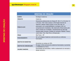 BRIEFING DE CRIAÇÃO 12 BRIEFING DE CRIAÇÃO CLIENTE Ecológica Cadernos PRODUTO Cadernos PÚBLICO-ALVO Estudantes adolescentes da Classe B1, B2, C1 e C2 entre 12 e 18 anos. Têm maior acesso a informação através da internet e utilizam redes sociais no seu dia-a-dia, se preocupam com sustentabilidade e ecologia e têm um comportamento imediatista. São altamente influenciados pelo meio e ávidos por novidades, caracterizando-se pelo alto impulso pelas compras. Artistas do momento: Restart, Fresno, Justin biber, Fiuk, Katy Perry e Simple plan. PRAÇA São Paulo - SP POSICIONAMENTO Só na Ecológica Cadernos você encontra os melhores licenciados. OBJETIVO DE MARKETING Aumentar as vendas em 20% OBJETIVO DE COMUNICAÇÃO Divulgar a linha exclusiva de cadernos licenciados e aumentar a visibilidade da marca. VALORES TANGÍVEIS Diversidade de licenciados, melhor acabamento do mercado e design exclusivo. 