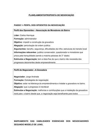 PLANEJAMENTO/PROPOSTA DE NEGOCIAÇÃO
PASSO 1- PERFIL DOS OPOENTES DA NEGOCIAÇÃO
Perfil dos Oponentes – Associação de Moradores do Bairro
Líder: Carlos Henrique
Formação: administrador
Objetivo: impedir a construção da gravadora
Alegação: perturbação da ordem publica
Argumentos: barulho, segurança, dificuldades de infra- estruturas do transito local
Informações relevantes: publico conservador, questionador e moradores que
preza pela tranquilidade (sendo a maioria pessoas de 3° idade)
Estímulos a Negociação: tem a ideia fixa de que o bairro não necessita dos
progressos decorrentes deste empreendimento
Perfil do Negociador - A Gravadora
Negociador: Jorge Andrade
Formação: Estrategista de negociação
Objetivo: estar na liderança do empreendimento e instalar a gravadora no bairro
Alegação: que o progresso é inevitável
Estímulos a Negociação: melhorias e contribuições que a instalação da gravadora
trará para o bairro desde que, a negociação seja beneficente para todos
MAPEAMENTO DAS HABILIDADES ESSENCIAIS DOS NEGOCIADORES
SEGUNDO MODELO DE JUNG.
 