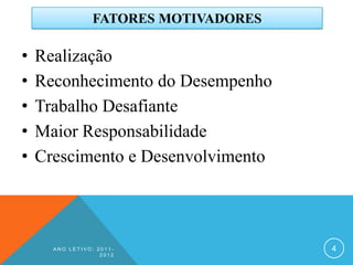 FATORES MOTIVADORES

•   Realização
•   Reconhecimento do Desempenho
•   Trabalho Desafiante
•   Maior Responsabilidade
•   Crescimento e Desenvolvimento




      ANO LETIVO: 2011-                4
                   2012
 