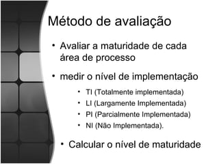 Método de avaliação Avaliar a maturidade de cada área de processo medir o nível de implementação Calcular o nível de maturidade TI (Totalmente implementada) LI (Largamente Implementada) PI (Parcialmente Implementada) NI (Não Implementada). 