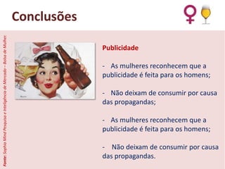 Fonte: Sophia Mind Pesquisa e Inteligência de Mercado – Bolsa de Mulher.

Conclusões
Publicidade
- As mulheres reconhecem que a
publicidade é feita para os homens;
- Não deixam de consumir por causa
das propagandas;
- As mulheres reconhecem que a
publicidade é feita para os homens;

- Não deixam de consumir por causa
das propagandas.

 