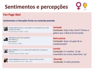 Sentimentos e percepções
Fan Page Skol
Sentimentos e interações frente ao conteúdo postado
Amizade
Conteúdo: Hoje é dia, heim? Chama a
galera que a Skol já tá trincando.
Refrescância
Conteúdo: Quer um gole de ar
condicionado?
Família
Conteúdo: E o melhor: 15 de
novembro cai numa sexta-feira. o/
Diversão
Conteúdo: A noite promete.

 