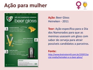 Ação para mulher
Ação: Beer Gloss
Heineken - 2011
Teor: Ação específica para o Dia
dos Namorados para que as
meninas usassem um gloss com
sabor de cerveja para atrair
possíveis candidatos a parceiros.

Fonte:
http://www.brainstorm9.com.br/23597/so
cial-media/heineken-e-o-beer-gloss/

 