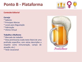 Ponto B - Plataforma
Conteúdo Editorial
Cerveja
* Sabores
* Principais Marcas
* Locais para Degustação
* Fabricação
* Vitrine Virtual
Trabalho e Mulheres
* Mercado de trabalho
* Área promissoras (cada texto falará de uma
profissão específica, com várias descrições a
respeito como remuneração, campo de
atuação, etc.)
* Teste vocacional

 