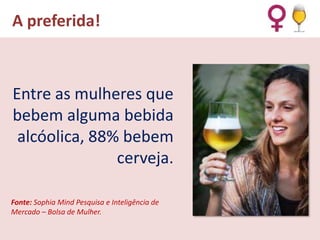 A preferida!

Entre as mulheres que
bebem alguma bebida
alcóolica, 88% bebem
cerveja.
Fonte: Sophia Mind Pesquisa e Inteligência de
Mercado – Bolsa de Mulher.

 