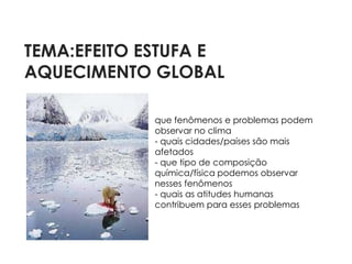 TEMA:EFEITO ESTUFA E
AQUECIMENTO GLOBAL

             que fenômenos e problemas podem
             observar no clima
             - quais cidades/países são mais
             afetados
             - que tipo de composição
             química/física podemos observar
             nesses fenômenos
             - quais as atitudes humanas
             contribuem para esses problemas
 